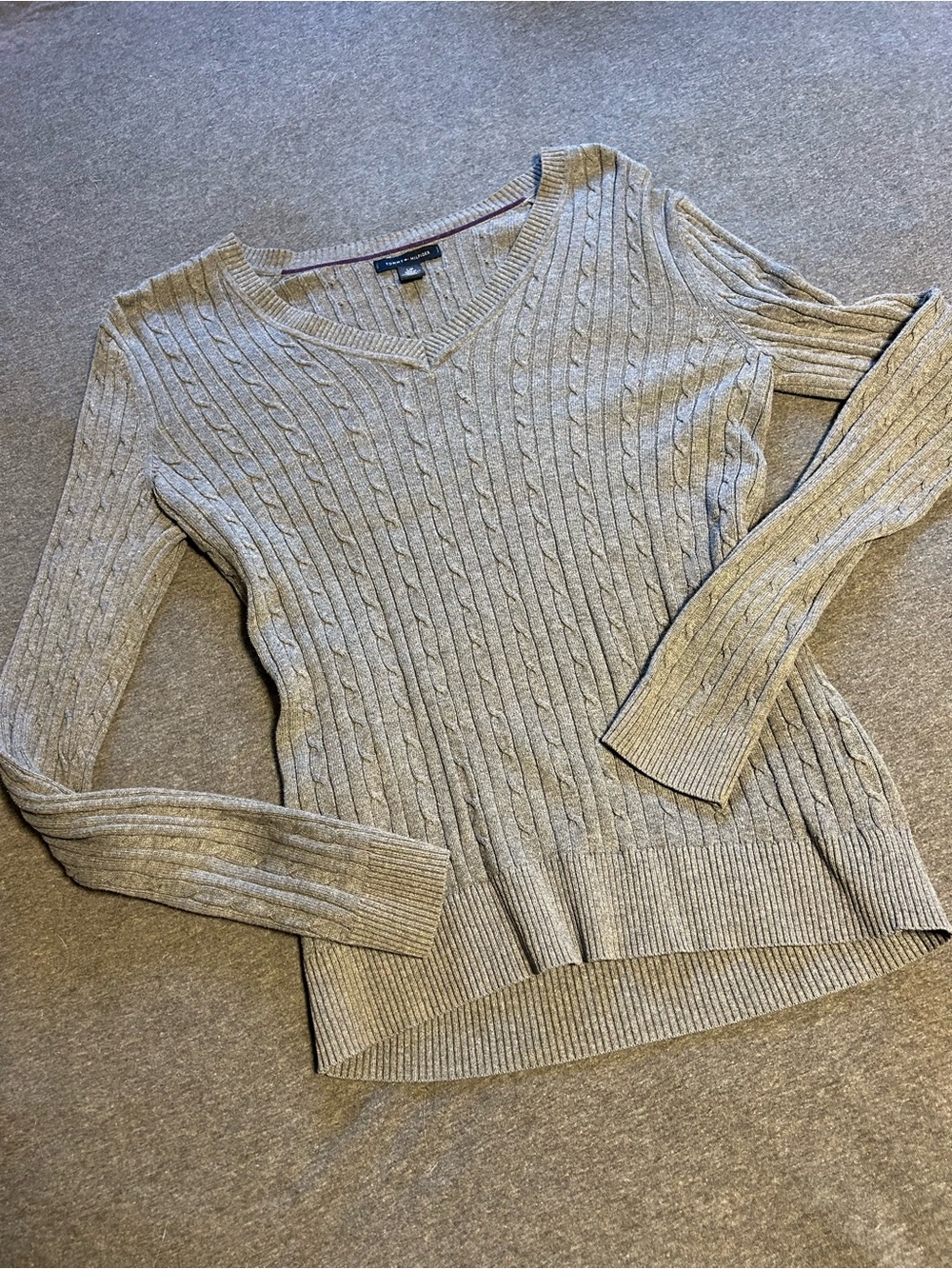 Tommy Hilfiger Light Gray Cable-Knit V-Neck Sweater